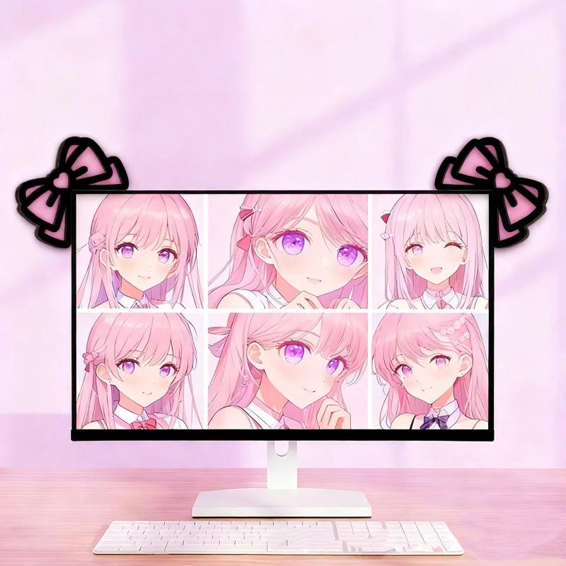 Office Technologies - Neue 1/2-teilige Holz-Schleifen-PC-Accessoires, Kawaii 2D-Schleifen-Monitor-Deko, niedliche